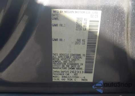 2015 Nissan Altima 2.5 S z USA, uszkodzony, nr VIN 1N4AL3AP5FC262313